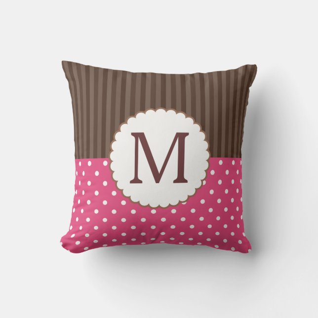 Pink And Brown Polka Dots Stripes Monogram Throw Pillow (Front)