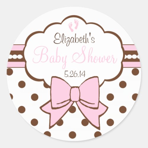 Pink and Brown Polka Dots With Baby Footprints Classic Round Sticker