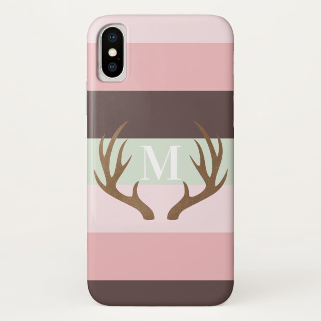 Pink and Brown Stripe Monogram Antler Case-Mate iPhone Case (Back)