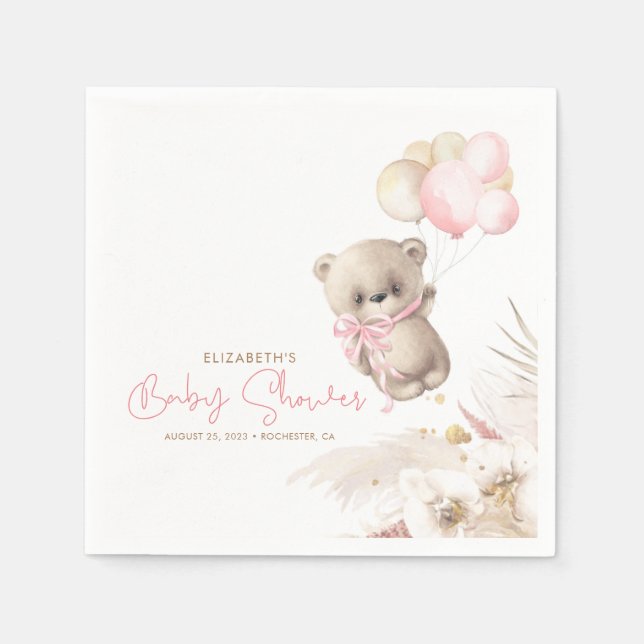 Pink and Brown Teddy Bear Baby Shower Napkins (Front)