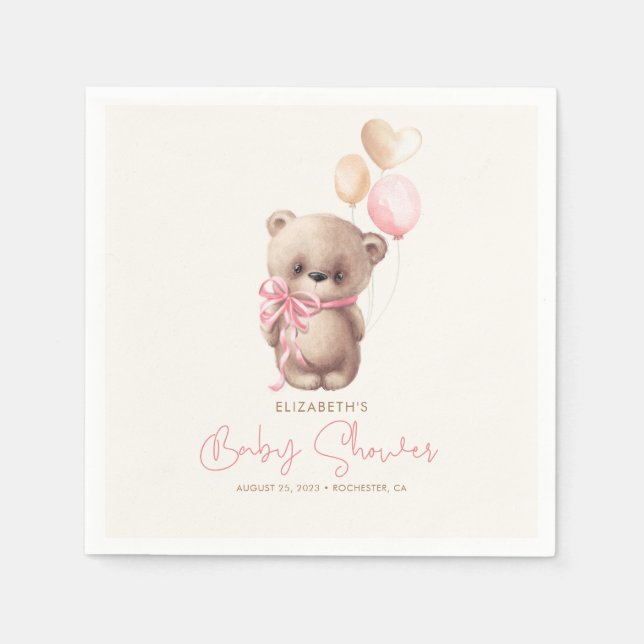 Pink and Brown Teddy Bear Baby Shower Napkins (Front)