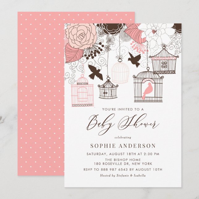 Pink and Brown Vintage Birdcages Baby Shower Invitation (Front/Back)