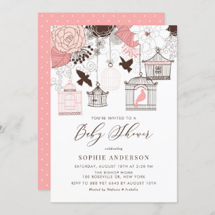 Pink and Brown Vintage Birdcages Baby Shower Invitation