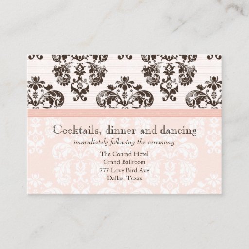 Customizable Pink and Brown Vintage Damask Wedding Reception Ca Business Card Templates