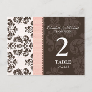 Pink and Brown Vintage Damask Wedding Table Number