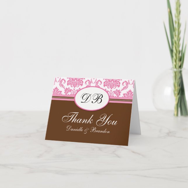 Pink and Brown Wedding Thank You Card (Front)