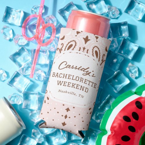 Pink and Brown Western Bachelorette Party Seltzer Can Cooler
