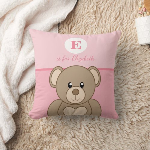 Pink and brown with a cute teddy bear baby name throw pillow
