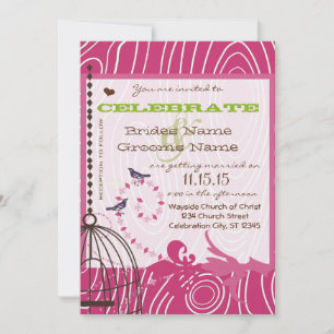 PINK  and Brown Wood Grain Love Birds Apple Green Invitation