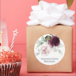 Pink and Burgundy Floral 60th Birthday Party Classic Round Sticker<br><div class="desc">This luxurious watercolor floral design has an elegant bouquet of burgundy plum and pink roses with ethereal greenery in a bouquet that sits above your custom text. Personalize the text template for your party, event, gift-giving, garden club and more! These stickers are available in 2 sizes: shown here in the...</div>