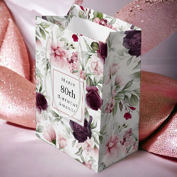 Pink and Burgundy Floral 80th Birthday Medium Gift Bag