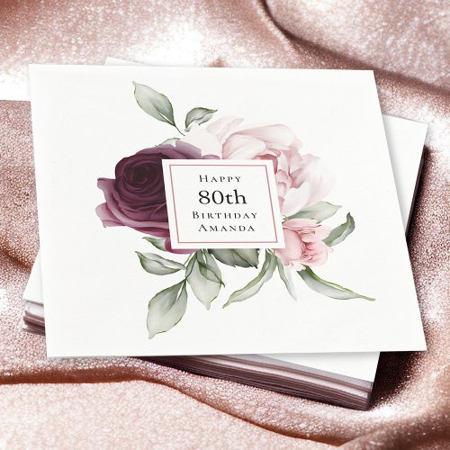 Pink and Burgundy Floral 80th Birthday Napkins