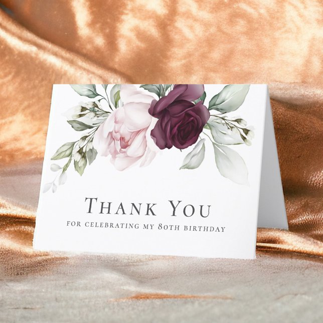 Pink and Burgundy Floral 80th Birthday Thank You Card (Creator Uploaded)
