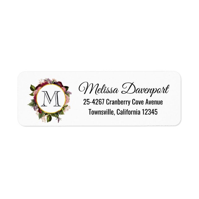 Pink and Burgundy Floral Frame Monogram Label (Front)