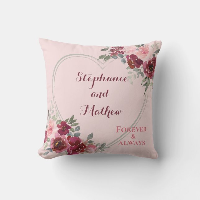 Pink and Burgundy Floral Heart Personalized Throw Pillow (Front)