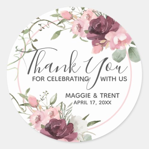 Pink and Burgundy Floral Thank You Classic Round Sticker