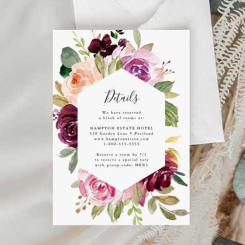 Pink and Burgundy Floral Wedding Details Card