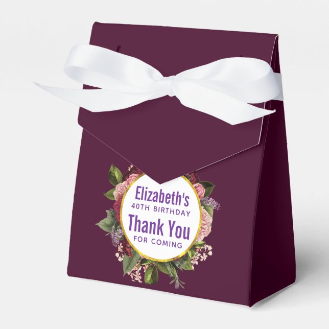 Pink and Burgundy Florals Birthday Thanks Favor Boxes (Front Side)