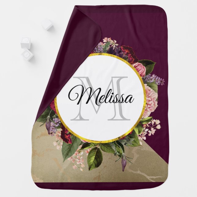 Pink and Burgundy Florals Monogram Baby Blanket (In Situ)