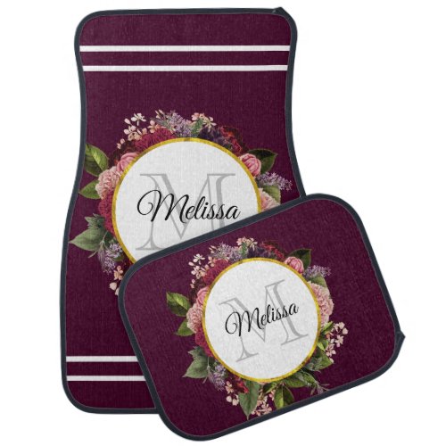 Pink and Burgundy Florals Monogram Car Floor Mat