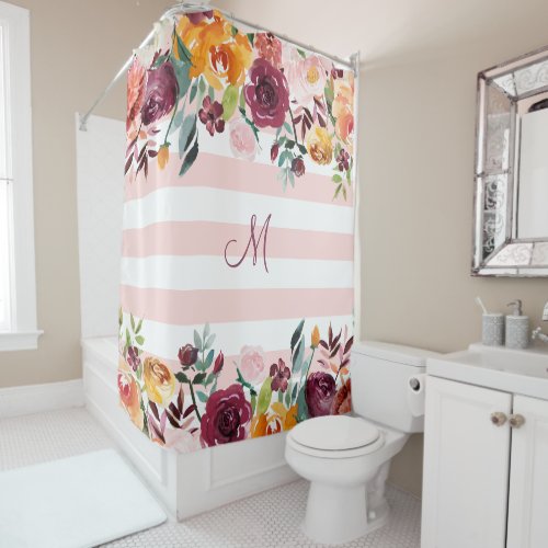 Pink and Burgundy  Flowers and Stripes Monogram Shower Curtain