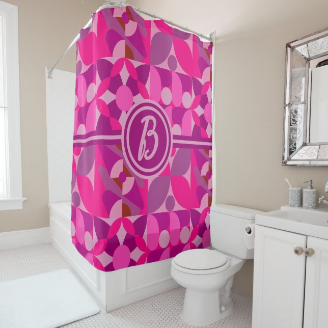 Pink and Burgundy Geometric Bauhaus Style  Shower Curtain (In Situ)