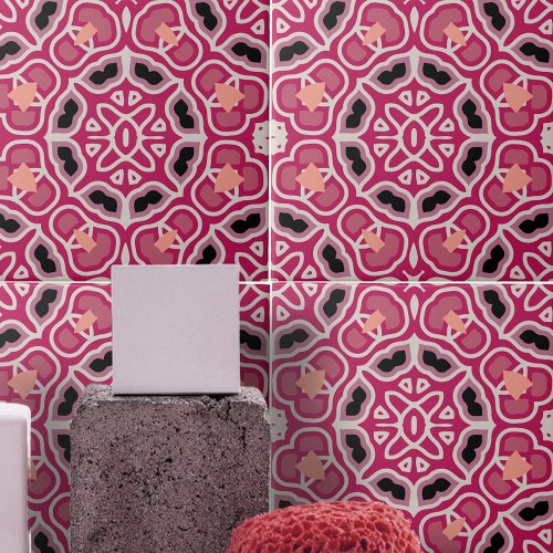 Pink and Burgundy Kaleidoscopic Geometric Pattern Ceramic Tile