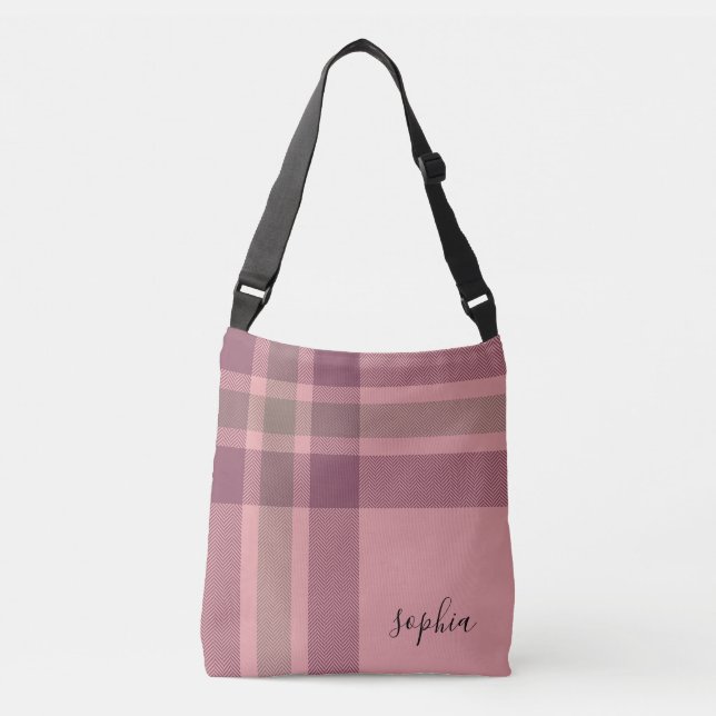 Pink and Burgundy Plaid Monogram  Crossbody Bag (Front)