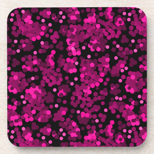 Pink and burgundy polka dot confetti pattern beverage coaster (Front)
