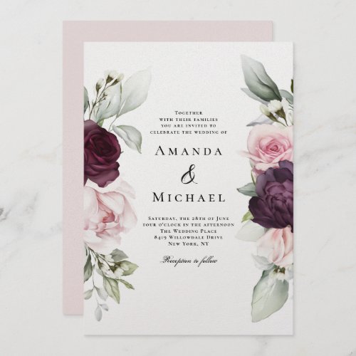 Pink and Burgundy Romantic Floral Wedding Invitation