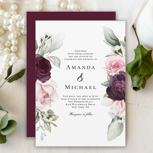 Pink and Burgundy Romantic Floral Wedding Invitation