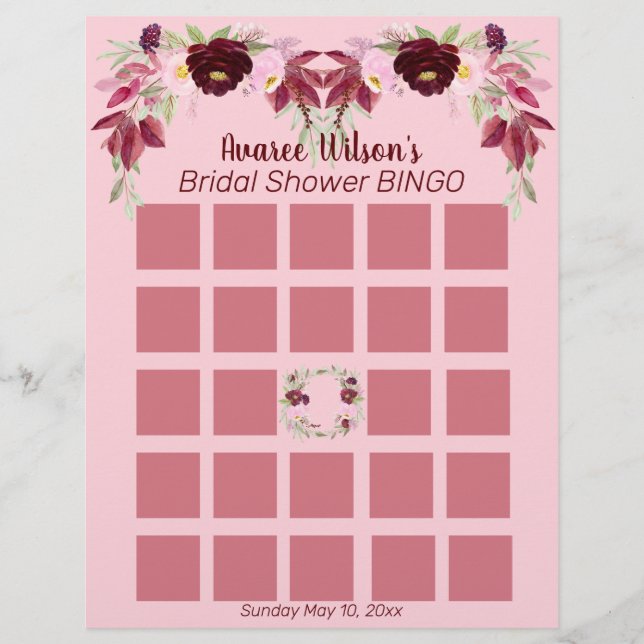 Pink and Burgundy Watercolor Bridal Shower Bingo Flyer (Front)