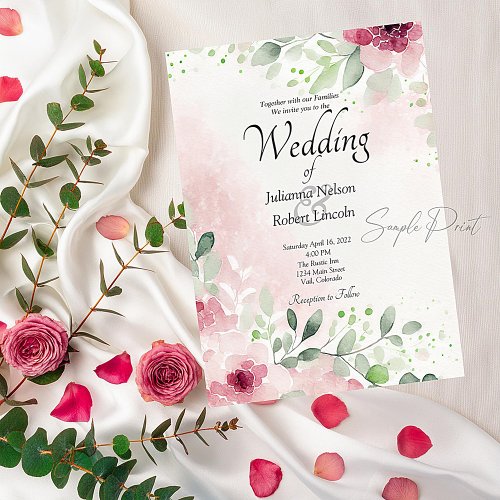 Pink and burgundy watercolor floral blank Wedding Invitation