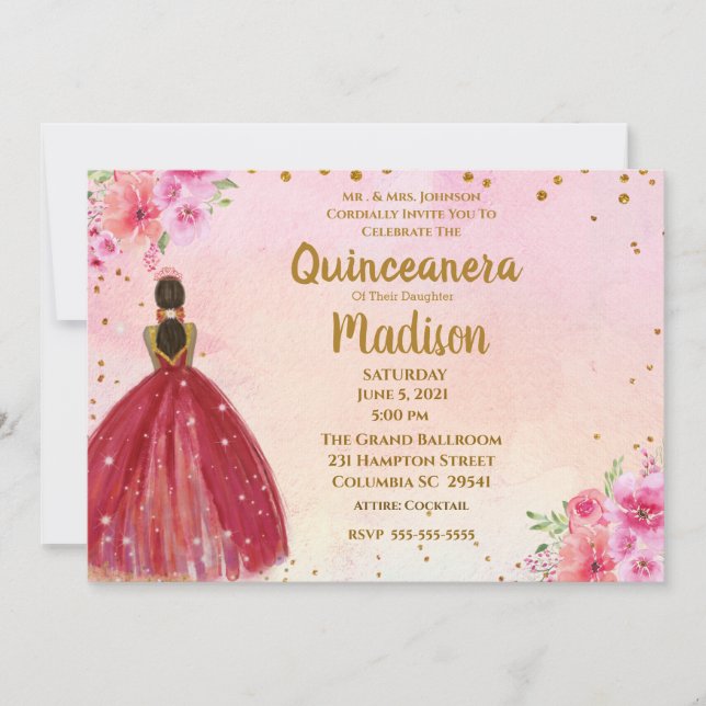 Pink and Burgundy Watercolor Floral Quinceanera Invitation (Front)