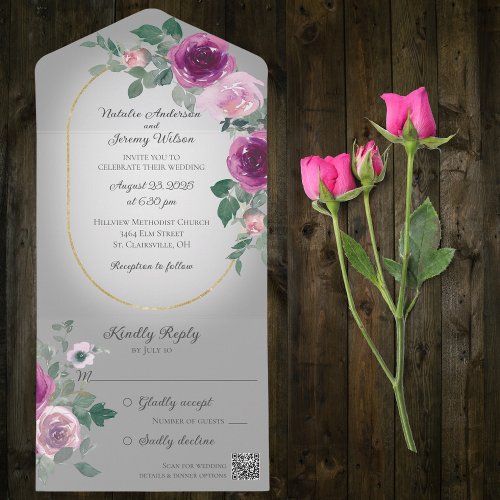 Pink and Burgundy Watercolor Roses on Soft Gray All In One Invitation
