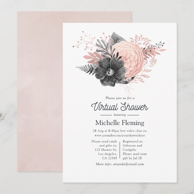 Pink and Charcoal Floral Virtual Shower Invitation (Front/Back)