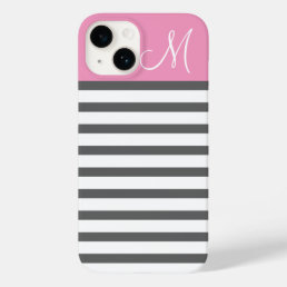 Pink and Charcoal Preppy Stripes Monogram Case-Mate iPhone 14 Case