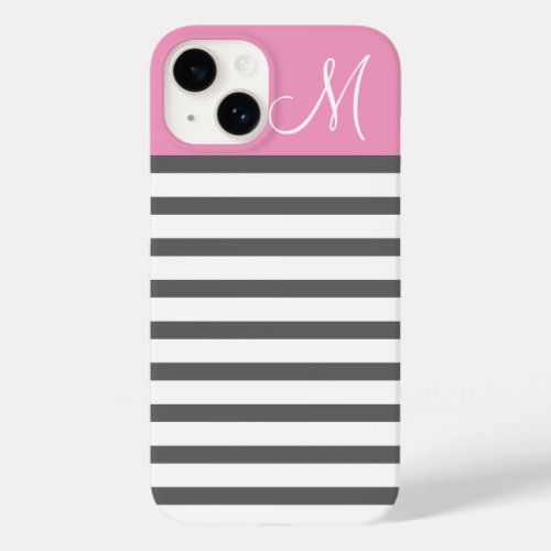 Pink and Charcoal Preppy Stripes Monogram Case_Mate iPhone 14 Case