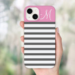 Pink and Charcoal Preppy Stripes Monogram Case-Mate iPhone 14 Case<br><div class="desc">Cute Modern Girly Trendy Chic Stylish Design with Preppy Horizontal Stripes and Solid Color Block with Custom Personalized Monogram Initial Letter</div>