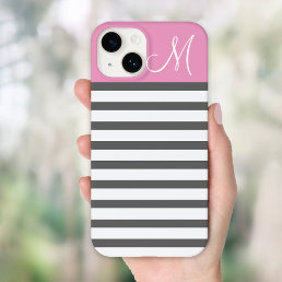 Pink and Charcoal Preppy Stripes Monogram Case-Mate iPhone 14 Case