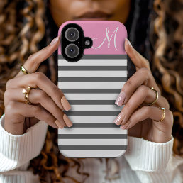 Pink and Charcoal Preppy Stripes Monogram iPhone 16 Case