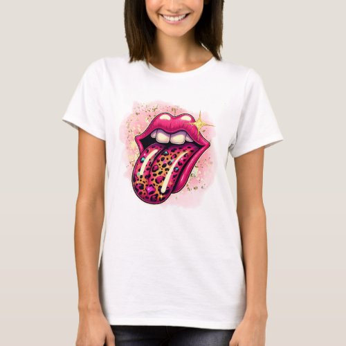 Pink and Cheetah Rock and Roll Mouth T_Shirt