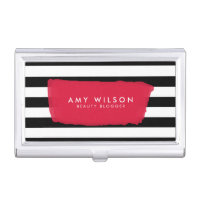 Pink and Chic Black and White Stripes Business Card Holder
