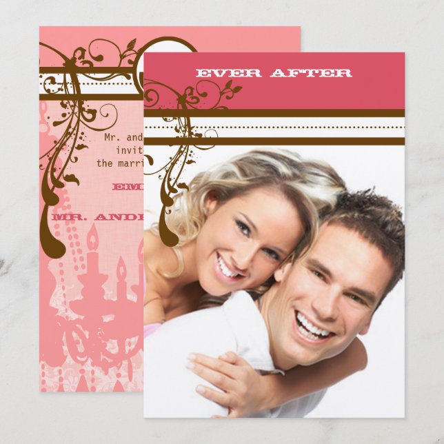 Pink and Chocolate Brown Vintage Chandelier Invitation (Front/Back)
