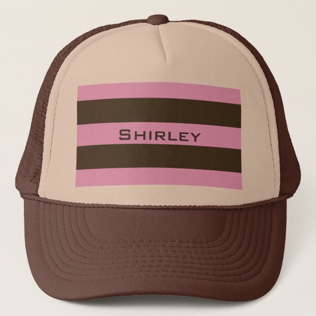 Pink And Chocolate Brown Wide Stripes by STaylor Trucker Hat (Front)