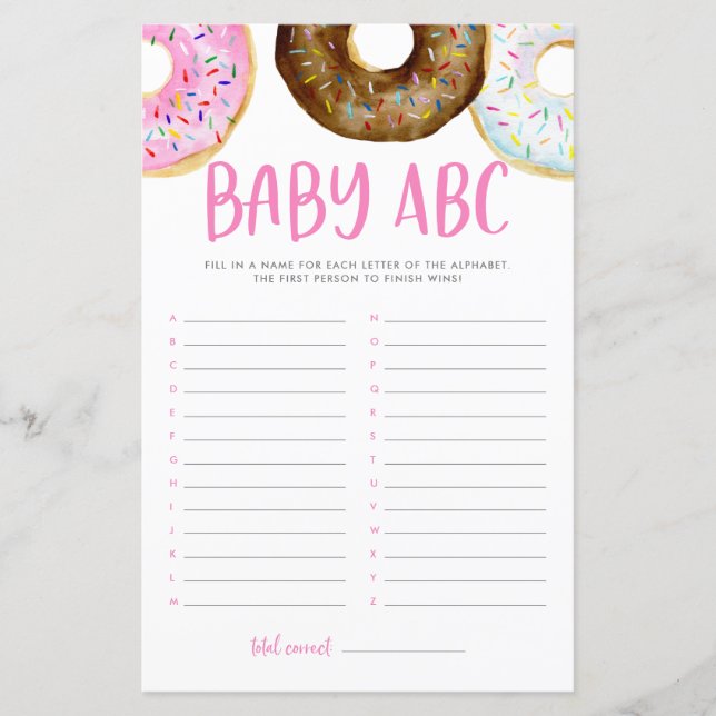 Pink and Chocolate Donuts ABC Baby Shower Game (Front)