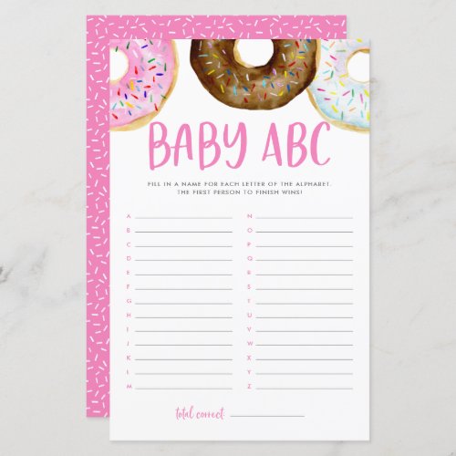 Pink and Chocolate Donuts ABC Baby Shower Game