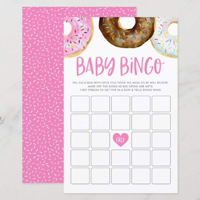 Pink and Chocolate Donuts Baby Bingo Game Card (Front/Back)