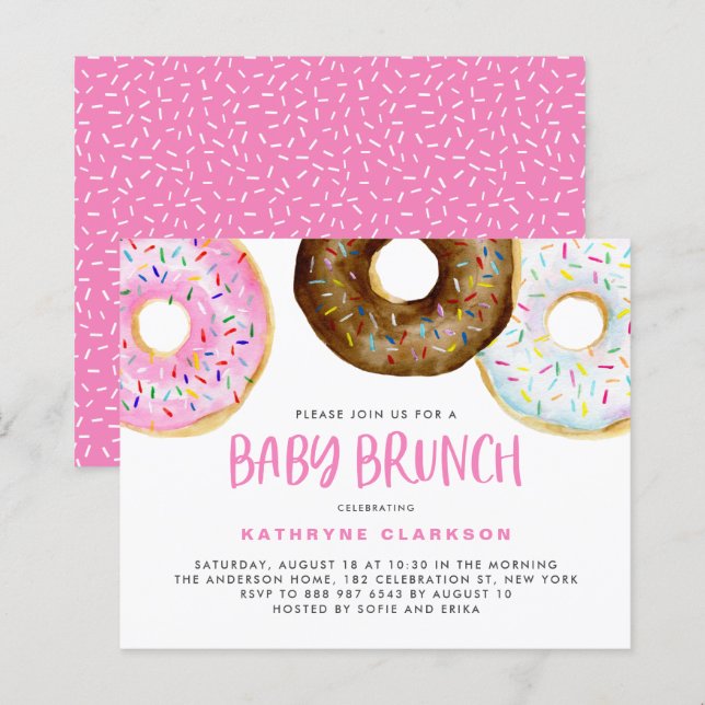Pink and Chocolate Donuts Baby Brunch Invitation (Front/Back)