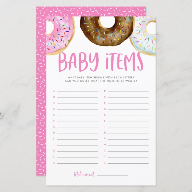 Pink and Chocolate Donuts Baby Items Shower Game (Front/Back)